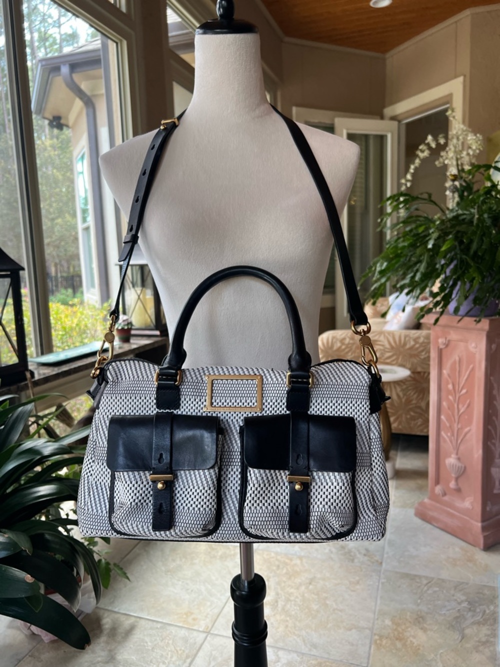 Woven Black and White Leather Satchel Handbag
